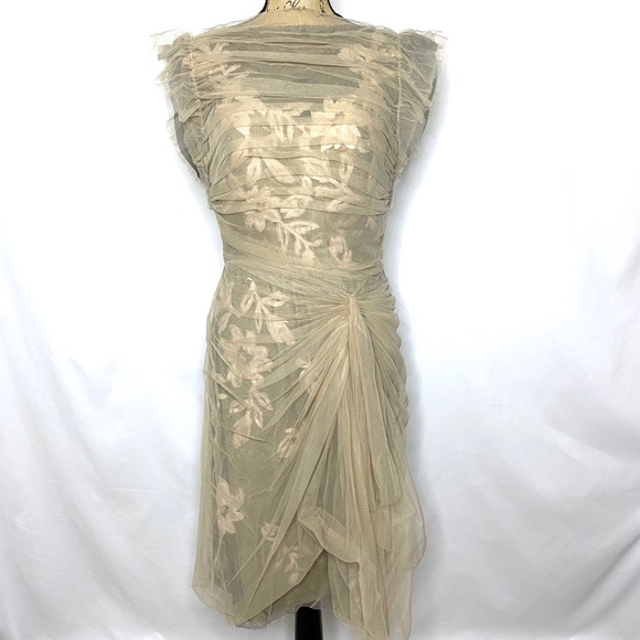 Tadashi Shoji Black w/ Ecru Mesh Draping Evening Dress, 10 - Picture 1 of 11